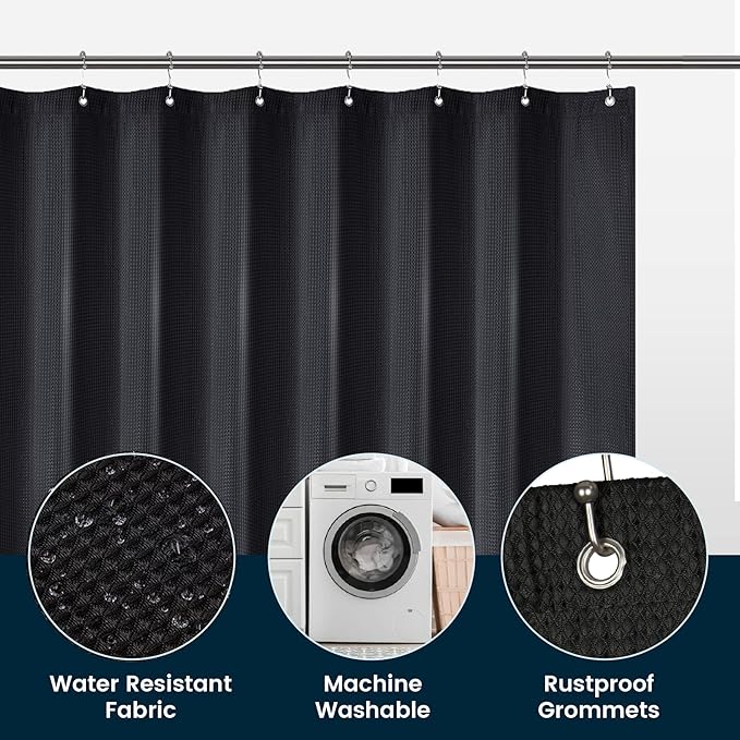 LiBa Waffle Weave Fabric Black Shower Curtain, 72 W x 72 H Water Repellent & Heavyweight, Hotel Quality & Machine Washable Cloth Linen Shower Curtains Set and for Bathroom