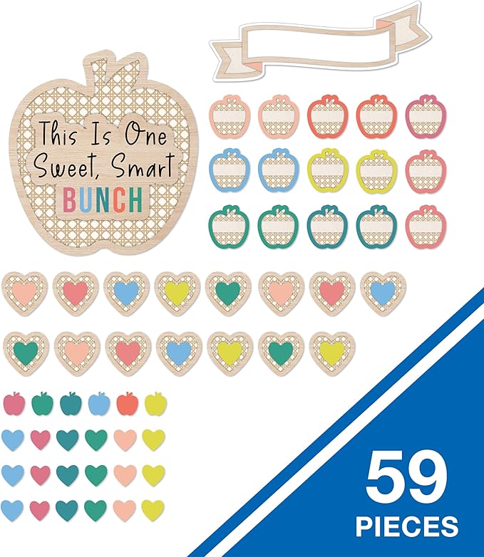 Carson Dellosa True to You 59-Piece This is One Sweet, Smart Bunch Motivational Bulletin Board Set, Heart and Apple Modern Décor for Bulletin Board, Cork Board, and Natural Classroom Decor, 110587