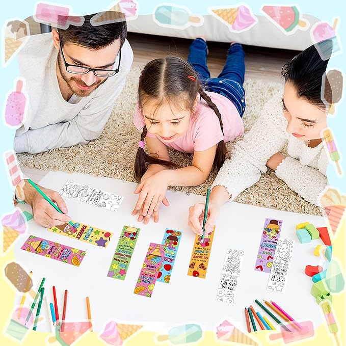 Ice Cream Color Your Own Bookmarks for Kids -120Pcs Summer Ice Cream Theme DIY Coloring Bulk Blank Bookmark Classroom Art Craft Supplies for Students Sunday School Holiday Party Reward Goodie Fillers