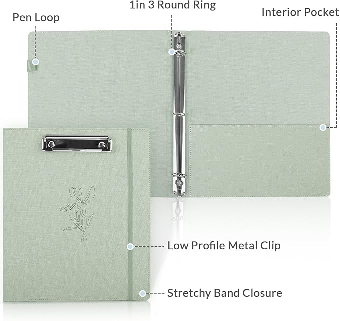 SKYDUE Clipboard Binder with Dividers,1 Inch Linen 3 Ring Binder with Clipboard on Front for Organizer, Clipboard Folder with Pocket, Labels Office Supplies OliveGreen