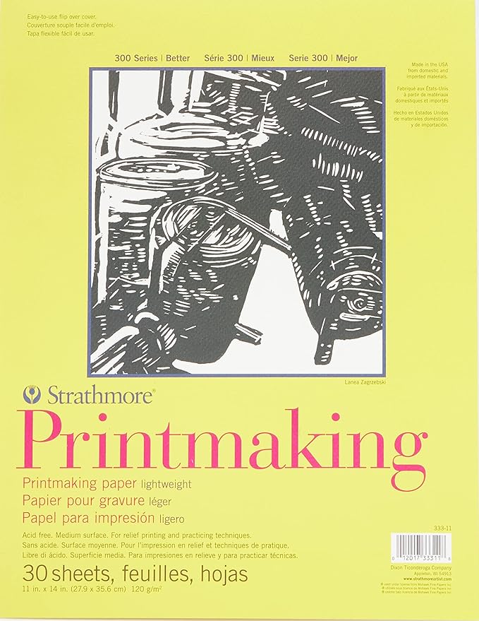Strathmore 300 Series Printmaking Paper Pad, Glue Bound, 11x14 inches, 30 Sheets (120g) - Artist Paper for Adults and Students - Block Printing, Linocut, Screen Printing, White