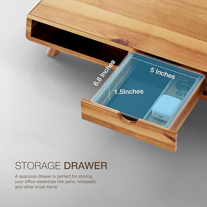 TINAMO Acacia Wood Monitor Stand with Drawer - Wooden Monitor Riser for Desk - Computer Monitor Stand for Desk - Multi-Purpose Desktop Storage Stand for Computer; Laptop; Printer; TV - 24.4 " x 8" x 5" (Patented)