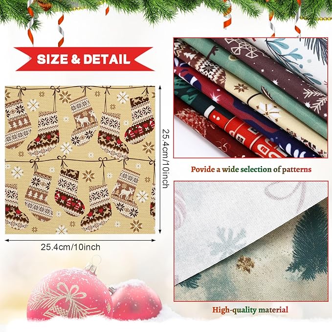 Shimeyao 60 Pcs 10 x 10 Inch Vintage Christmas Quilting Fabric Bundle Fat Quarters Santa Reindeer Snowman Print Square Fabric Printed Patchwork Supplies for Xmas DIY Decorations Sewing Craft