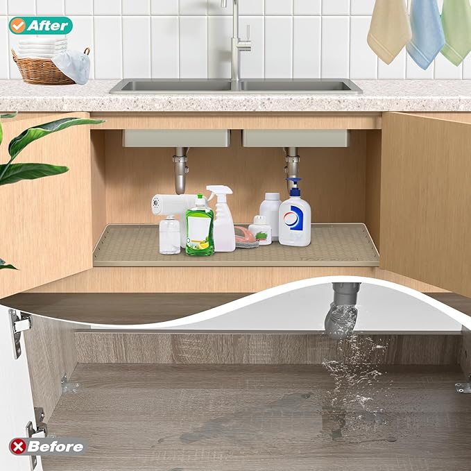 Waterproof Under Sink Mat 34" x 19", Silicone Cabinet Liner, Rubber Protector for Kitchen and Bathroom, Keeps Cabinets Clean, Dry, and Organized (Brown)