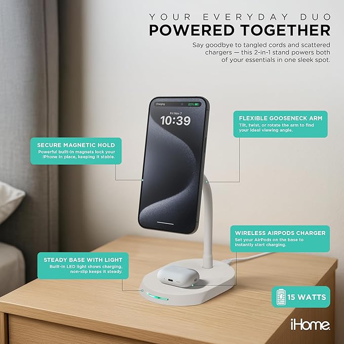 iHome Magnetic Charging Stand, 15W Wireless Charger for iPhone, Apple Watch & AirPods (2-in-1)