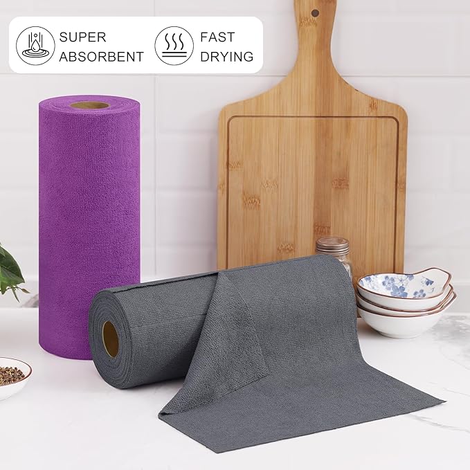 Homaxy Tear Away Dish Cloths Rolls, 40 Sheets-11.8" X 11.8", Reusable Washable Dish Towels for Kitchen, Ultra Absorbent and Quick Drying Microfiber Cleaning Rags, Purple
