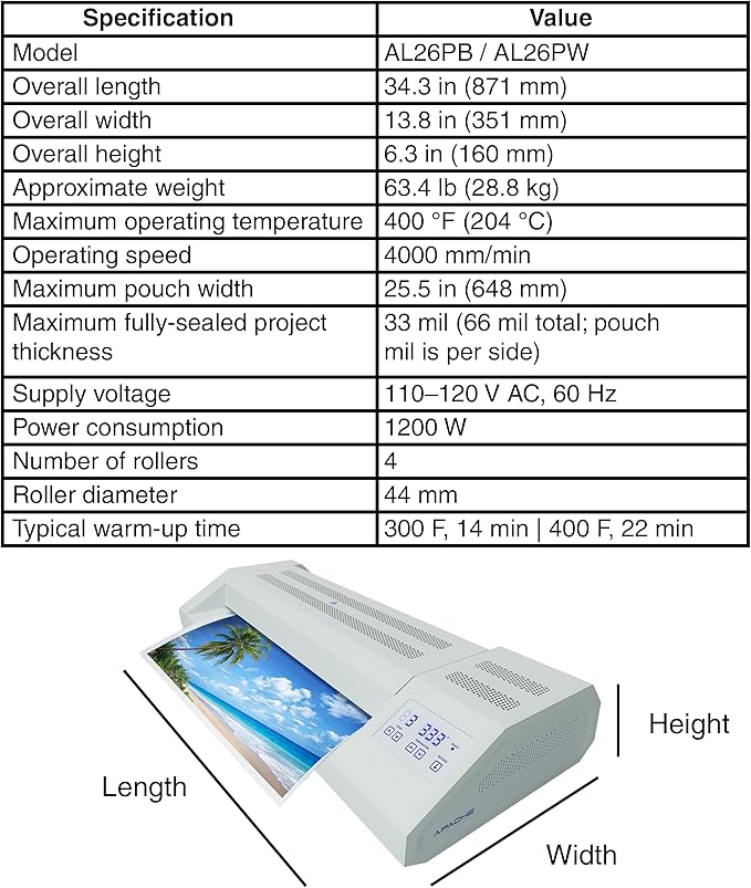 Apache Professional Laminator, Thermal Pouch, 25.5 Inch Max Width, 1.5-33 Mil, True Anti-Jam Technology, School & Office Lamination Machine, Variable Speed & Temperature, Fast Output, Robust Design