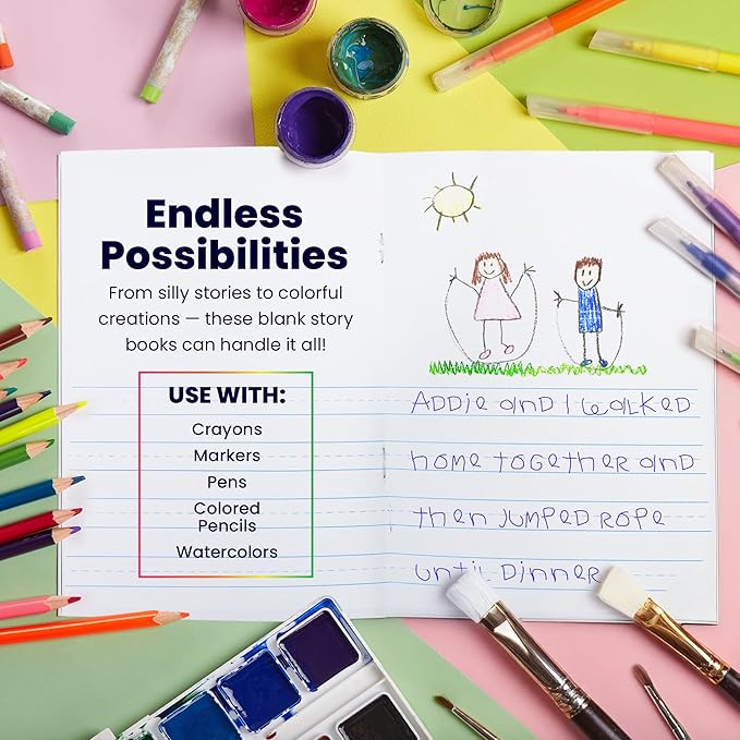 Hygloss Half Blank Books for Kids to Write Stories and Illustrate – Bulk 24 Pack – 5.5" x 8.5" A5 – Small Primary Journal for Grades K-2, Preschool/Kindergarten Notebook with Picture Space – 24 Pages