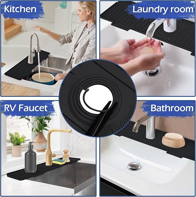 Kitchen Sink Splash Guard, 20 inch Silicone Faucet Guard & Draining Mat, 10° Large Slope Sink Faucet Mat Splash Guard, Bathroom Sink Organizer, Kitchen Sink Accessories Gadgets, 20 x 5.5”, Black