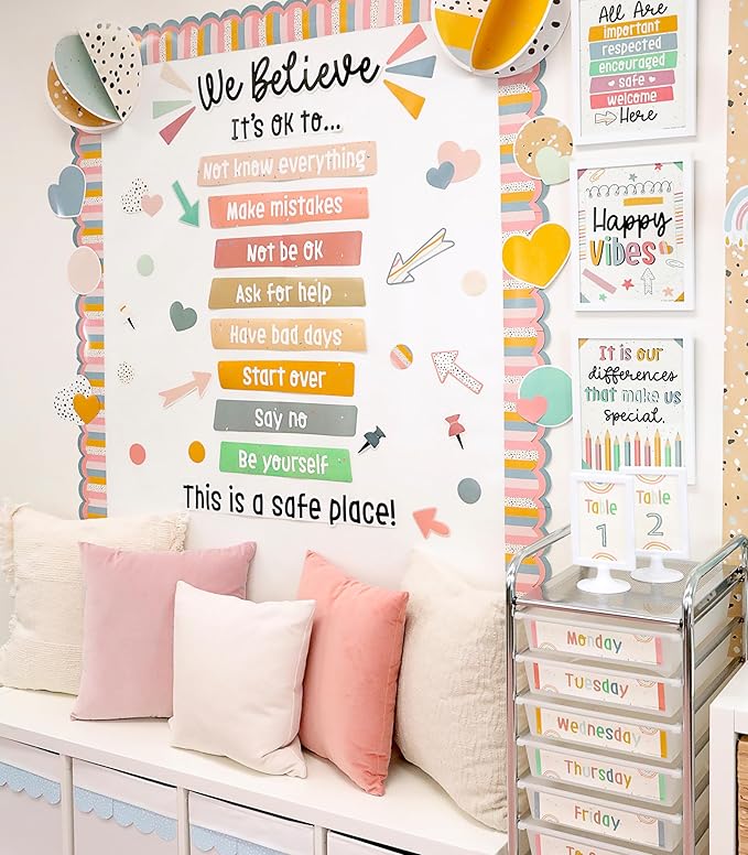 Carson Dellosa Education We Belong 82-Piece Motivational Bulletin Board Set, Motivational Bulletin Board Decorations with Boho Hearts & Dots, Positive & Inspirational Wall Decor, Boho Classroom Décor