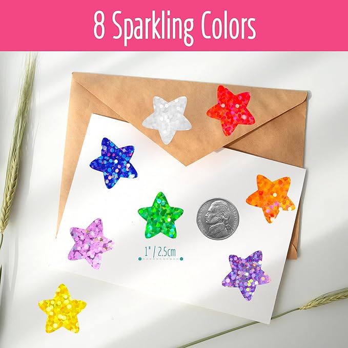500 PCS Glitter Star Stickers, 8 Colors Metallic Glitter Stickers Self Adhesive Waterproof Reflective Star Sticker Decorative Labels for Reward Chart, Craft, Classroom Supplies, Kids, School (1” Each)