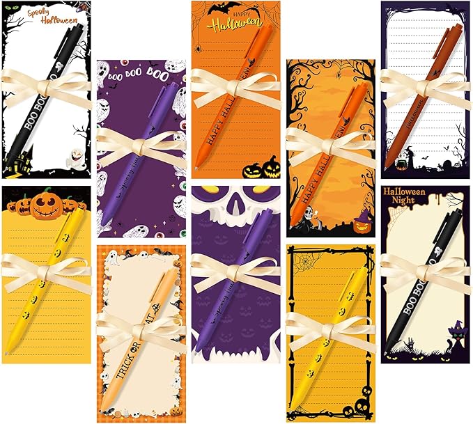 Tellingyou 30 Pcs Halloween Gifts Spooky Notepads with Pen Trick or Treat Sticky Notes Bat Witch Pumpkin Memo Pads Bulk to Do List for Halloween Trick or Treat Goodie Bag Filler Office Supplies