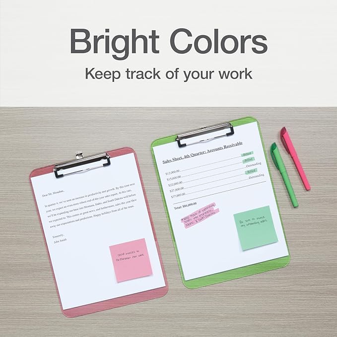 Oxford Plastic Clipboards, Metal Clip with Plastic Corners, Writing Surface with Hanging Loop, Assorted Colors, 12.5" x 9", 6 Pack (25402)