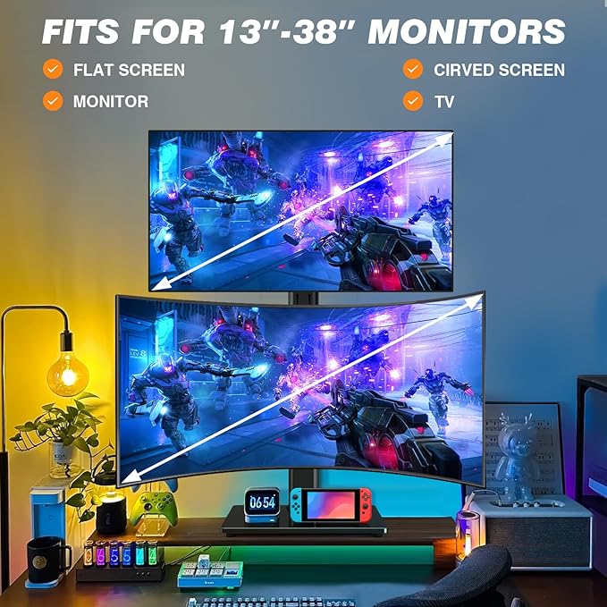 Dual Monitor Stand VESA Mount for 13-38 Inch Screens, Free-Standing Monitor Riser with Swivel, Tilt, Rotation & Height Adjustable, Desk Stand Holds up to 44lbs, Compatible with VESA 75x75-100x100mm