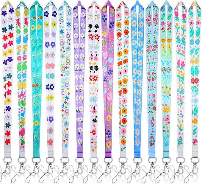 Marspark 14 Pcs Seasonal Holiday Lanyards for ID Badges Spring Easter Lanyards Floral Keychains Bulk Flower for Spring Seasonal Teacher Office Supplies