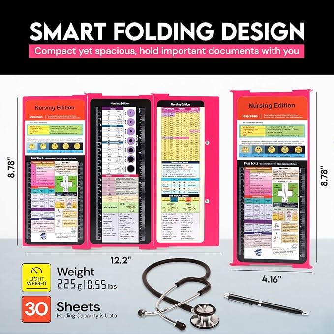 Nursing Clipboard Foldable with Medical Edition Cheat Sheets, 3 Layers Aluminum Foldable Clipboard for Nursing, Notepad for Students, Nursing School Essentials (Pink)