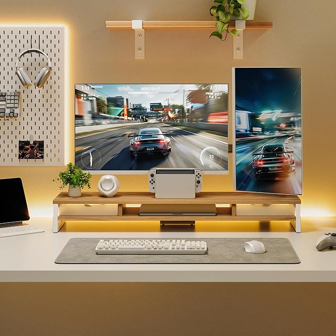 Fenge Dual Monitor Stand, Monitor Riser with Drawer, 42.5 Inch Large Computer Monitor Stand for 2 Monitors, 2 Tier Wooden Desk Shelf for Top of Desk