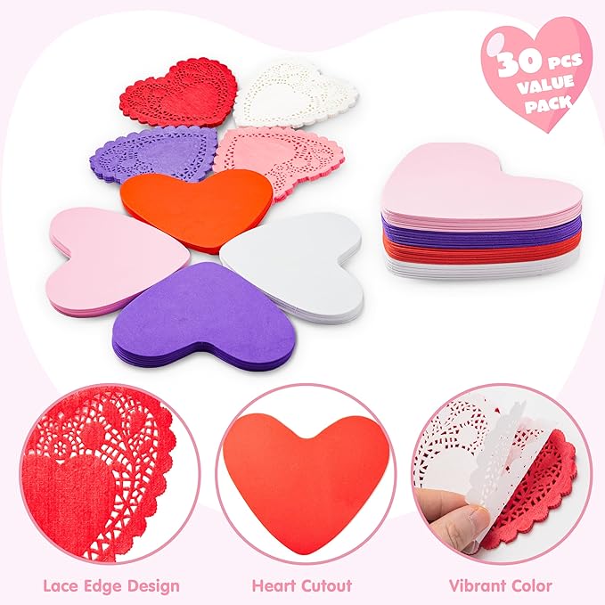 JOYIN 126+ Pcs Valentines Day Craft Gift Set with 100 Heart Doilies, 24 Pcs Foam Doilies and 2 Bags Foam Heart Stickers for Kids, Tableware Decoration, Home Activitie, Kitchen Disposable Table Craft