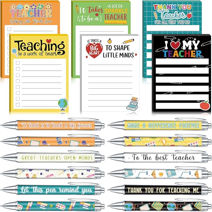 Thenshop 6 Set Teacher Appreciation Gifts 6 Teacher Sticky Notes and 6 Fun Ballpoint Pens Thank You Gifts for Teacher Office Supplies