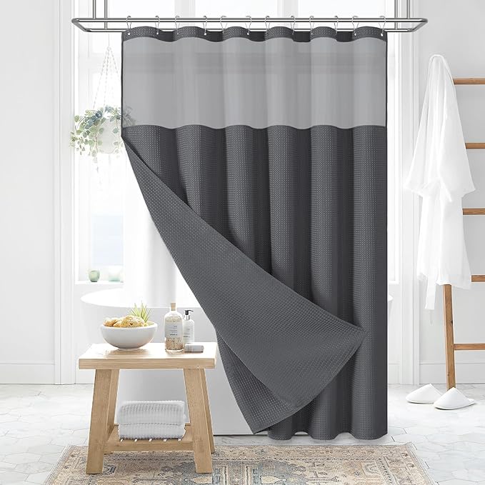 Dynamene 78 Inch Long Shower Curtain, Tall Waffle Fabric Shower Curtains for Bathroom, Hotel Waterproof Cloth Shower Curtain Liner Set with Hooks, Snap in Liner, Mesh Top Window, Charcoal Grey, 72x78