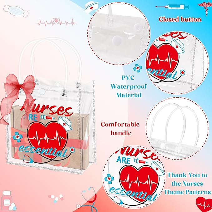 H1vojoxo Nurse Appreciation Gift Bags - 24PCS Nurse Clear PVC Gift Bags with Red Bow Ribbon Nurses Week Thank You Gifts Bag with Handles for Medical Assistant Healthcare Workers Best Nurses Ever