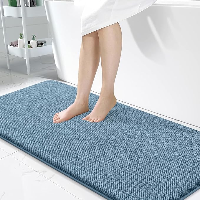 OLANLY Thick Memory Foam Bath Mat Rug 50x30, Extra Soft Absorbent Bathroom Rug, Quick Dry Bath Mats, Non-Slip, Machine Washable Carpet for Bathroom, Tub and Shower, Home Decor Accessories, Airy Blue