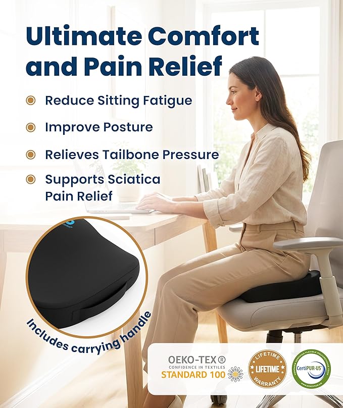 Everlasting Comfort Doctor Recommended Memory Foam Seat Cushion for Office Chairs & Car - Ergonomic Office Desk Accessories - Cushions for Tailbone Pain Relief, Sciatica (Black Cooling, Large)