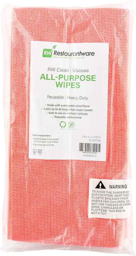 Restaurantware RW Clean 23.6 x 11.8 Inch Reusable Cleaning Cloths 10 Wipes All-Purpose Dish Wipes- Durable Machine-Washable Red Viscose Disposable Cloths Pre-Cut Rectangle Restaurantware