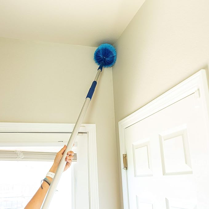 Ceiling Fan Duster Cobweb Duster, Extendable Reach 20 feet, | 3-Stage Aluminum Telescoping Pole | Extends for High Ceiling Duster | Long Handle Plus 2 Duster Heads