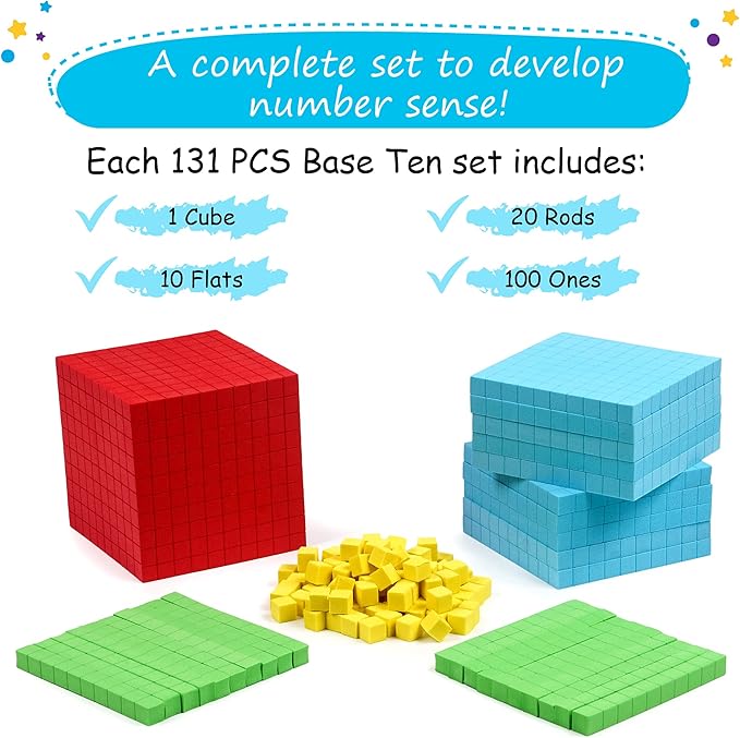 Simply magic 131 PCS Foam Base Ten Blocks for Math - Place Value Blocks, Base 10 Math Manipulatives K-3, Math Counters, Number Blocks, Math Cubes, Counting Blocks - Kindergarten 1st 2nd 3rd Grade
