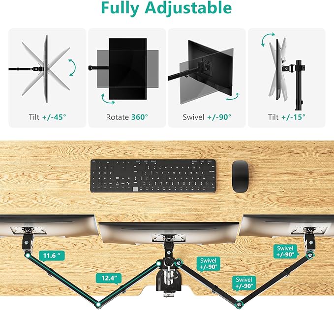 WALI Triple Monitor Mount, Heavy Duty Triple Monitors Stand up to 27 inch Screens, Adjustable 3 Monitor Desk Mount with Swivel, Tilt, Rotation, Clamp & Grommet Base Kit (M003SN), Black