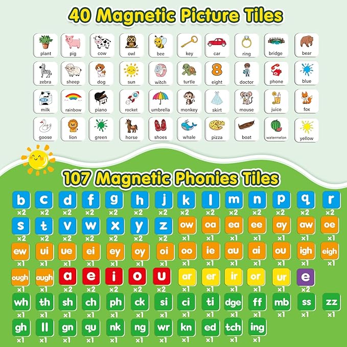 Phonics Word-Building Magnetic Letter Tiles, Alphabet Magnets for Toddlers, 147 Magnetic Phonics Tiles, Letter Recognition for Kindergarten, Phonemic Awareness, Preschool Learning Activities