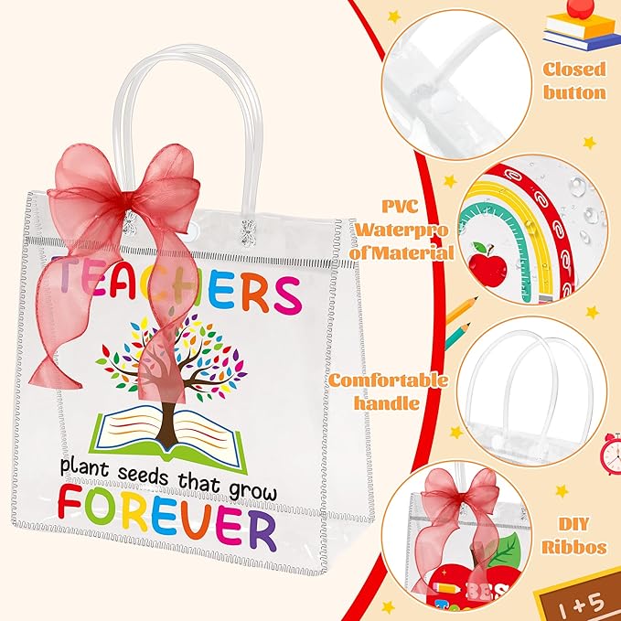 H1vojoxo Teacher Appreciation Gift Bags - 24PCS Teacher Gift Bags Bulk with Red DIY Ribbon 7.87x3.2x7.87Inch Teachers Clear PVC Gifts Bag with Handle Reusable PVC Thank You Gifts Wrap Bag for Teachers