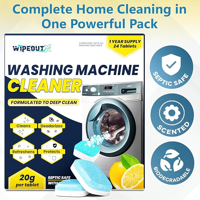 Washing Machine Cleaner – 24 Pack (1-Year Supply) Washing Machine Cleaning Tablets, Deep Clean for Front & Top Load Washers, Septic Safe, Eco-Friendly Deodorizer