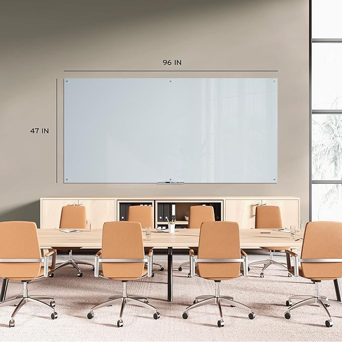 U Brands Glass Dry Erase Board, 48" x 96", 8'x4', White Frosted Surface With Silver Grommets, Frameless, Includes Marker