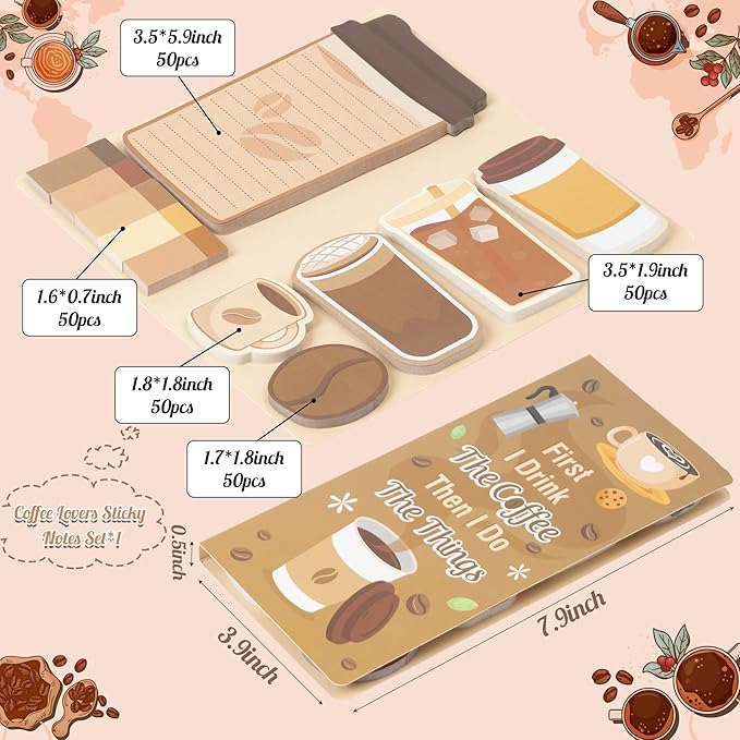 B1ykin Cute Sticky Notes Set - First I Drink The Coffee Then I Do The Things Self-Stick Notes Pad, 550 Sheets Writing Memo Pages Sticky Notepad for Teacher Appreciation Gifts for School (Coffee Lover)