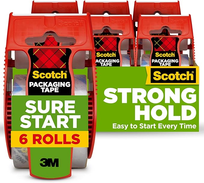 Scotch Sure Start Packing Tape, Clear, Quiet Unwind and Easy Start, Moving Supplies, 1.88 in. x 22.2 yd., 6 Tape Rolls with Dispensers