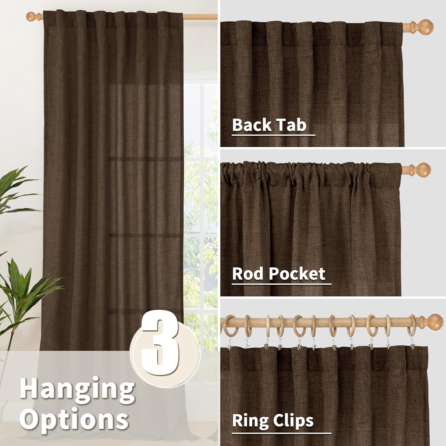 YoungsTex Brown Linen Curtains 84 Inch Length for Living Room, Chocolate Semi Sheer Drapes with Back Tab Rod Pocket Light Filteringfor Bedroom Dining Farmhouse, 2 Panel, 52 X 84 Inch