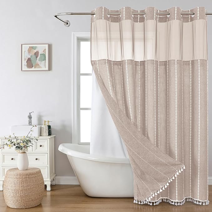 Boho Farmhouse No Hook Shower Curtain Set with Snap-in Fabric Liner,Heavy-Duty Linen Textured Rustic Striped Design,Water-Repellent with Tassels and Sheer Window,Tan/Taupe,71x74