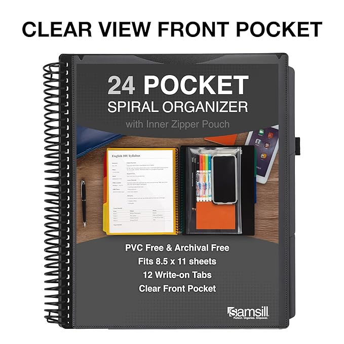 Samsill Spiral Folder Organizer - 12 Dividers & 24 Pockets with Notepad Holder, Multi Pocket Color Cordinated Folder Binder with Customizable Tabs, Document Organizer (Grey)