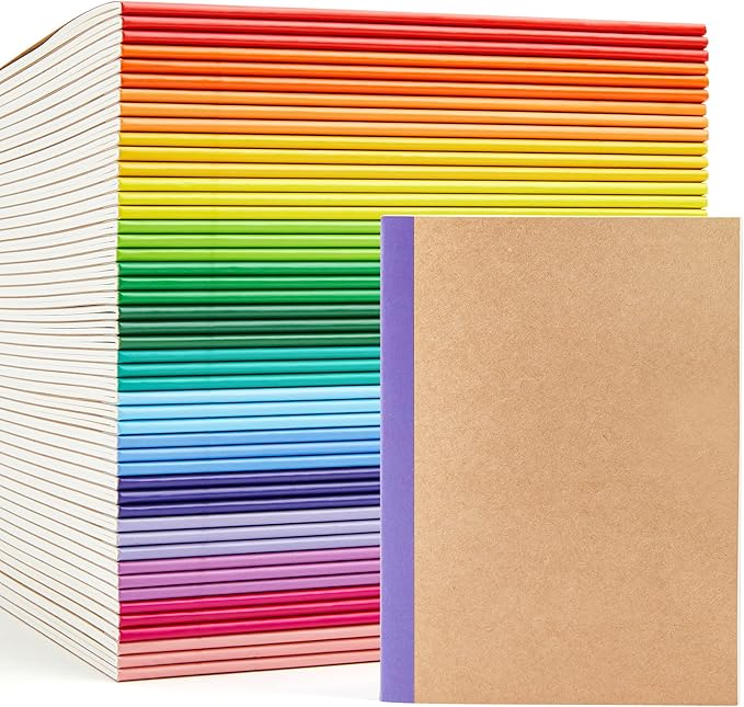 feela 48 Pack Composition Notebooks Bulk, Kraft Cover Lined Blank College Ruled Composition Travel Journals with Rainbow Spines For Women Students Business, 60 Pages, 8.3”x 5.5”, A5, 16 Colors
