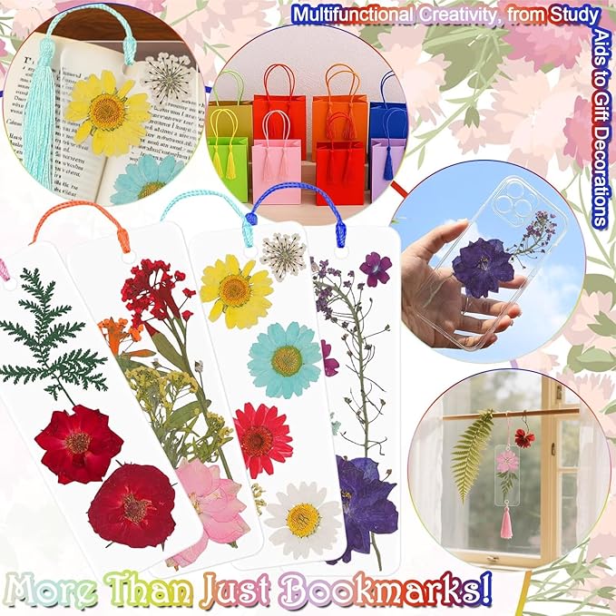 DIY Bookmark Making Kit - No Laminator Needed – 83 PCS Self-Adhesive Clear PVC Bookmarks with Dried Flowers & Tassels, Peel & Stick Bookmarks for Book Lovers & Back to School Gifts Bulk