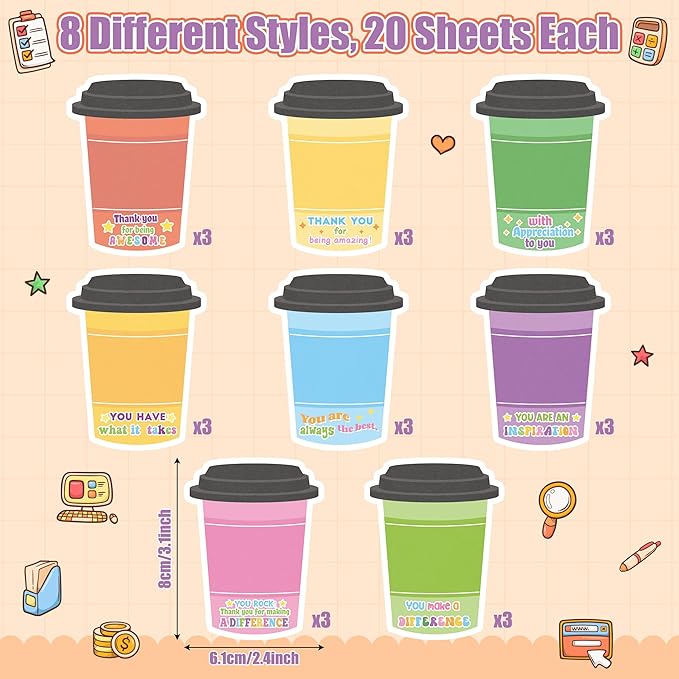 Xqumoi Employee Appreciation Coffee Cup Sticky Notes Set - 24 Set Coffee Self Sticky Writing Memo Pads Ballpoint Pens with Mesh Bag for Coffee Lover Staff Member Colleague Worker School Office Supply