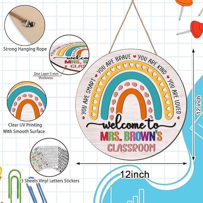 Custom Teacher Welcome Sign for Classroom Door Decoration, Custom Teacher Name Rainbow Door Hanger Signs, Back to School Wreath for First Day of School Classrooms Wall Plaque School Supplies Must Have