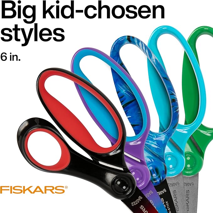Fiskars 6" Left-Handed Big Kids Scissors for Ages 8-11, Scissors for School or Crafting, Back to School Supplies, Ombre Blue-Turquoise,(Pack of 2)