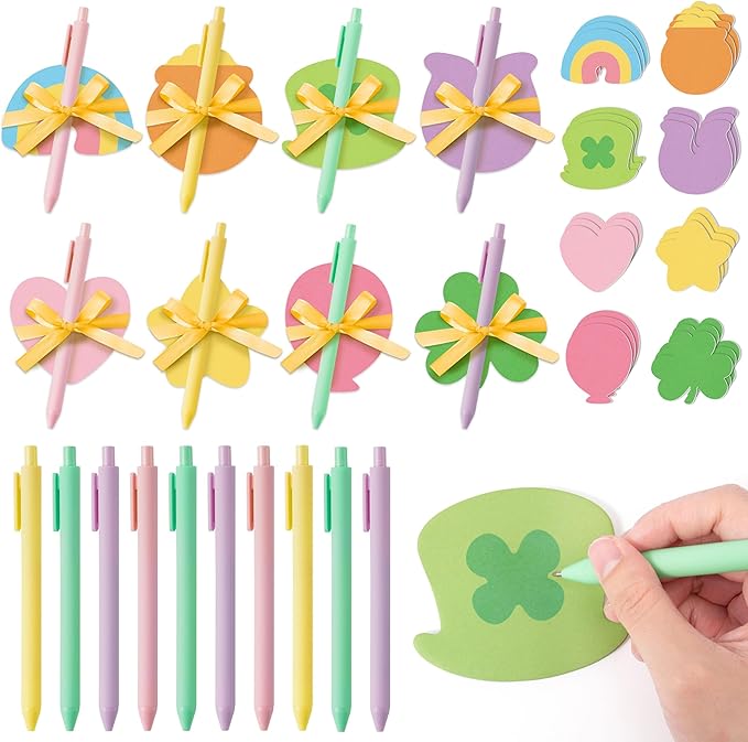 St. Patrick's Day Sticky Note - 24 Set Lucky Charm Bright Colors Super Sticky Notes Polyester Ribbons Ballpoint Pens Sticking Power Page Markers Strong Adhesive Clean Removal Semester School