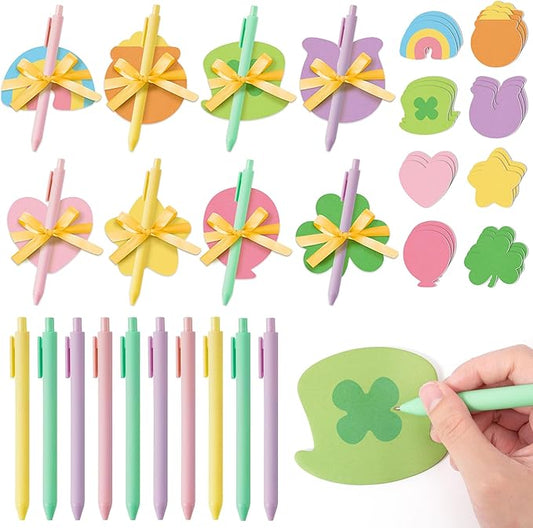 St. Patrick's Day Sticky Note - 24 Set Lucky Charm Bright Colors Super Sticky Notes Polyester Ribbons Ballpoint Pens Sticking Power Page Markers Strong Adhesive Clean Removal Semester School