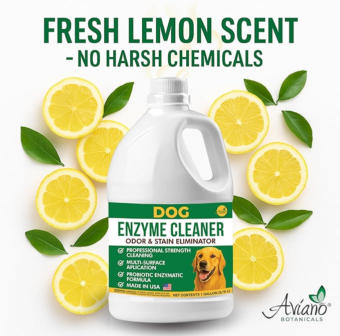 Aviano Enzyme Cleaner for Dog – 1 Gallon – Made in USA – Pet Urine Enzyme Cleaner for Tile, Hardwood, Furniture, Bedding, and Drains – Eliminates Odors with Fresh Lemon Scent