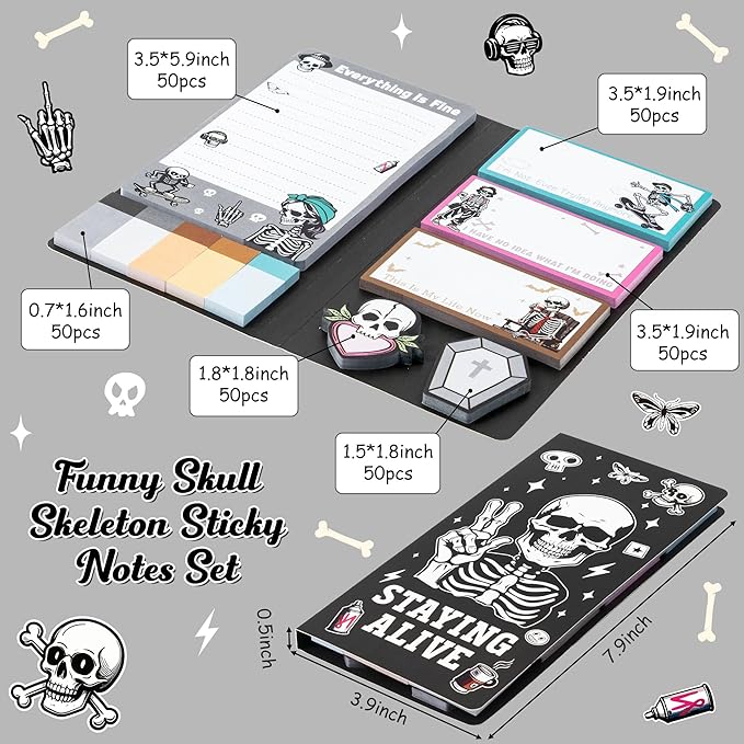 B1ykin Cute Sticky Notes Set - Stay Alive Skeleton Shaped Self-Stick Notes Pad, 550 Sheets Writing Memo Pages Sticky Notepad for Teacher Appreciation Gifts, School Office Supplies (Funny Skeleton)