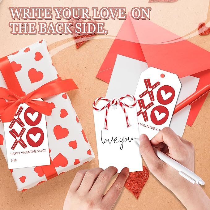 Happy Valentines Tags for Bags, 50Pcs Valentine Gift Label with String, Sweet Themed Party or Valentine' Day Thank You Gift Tags Great for Party Favors-XOXO